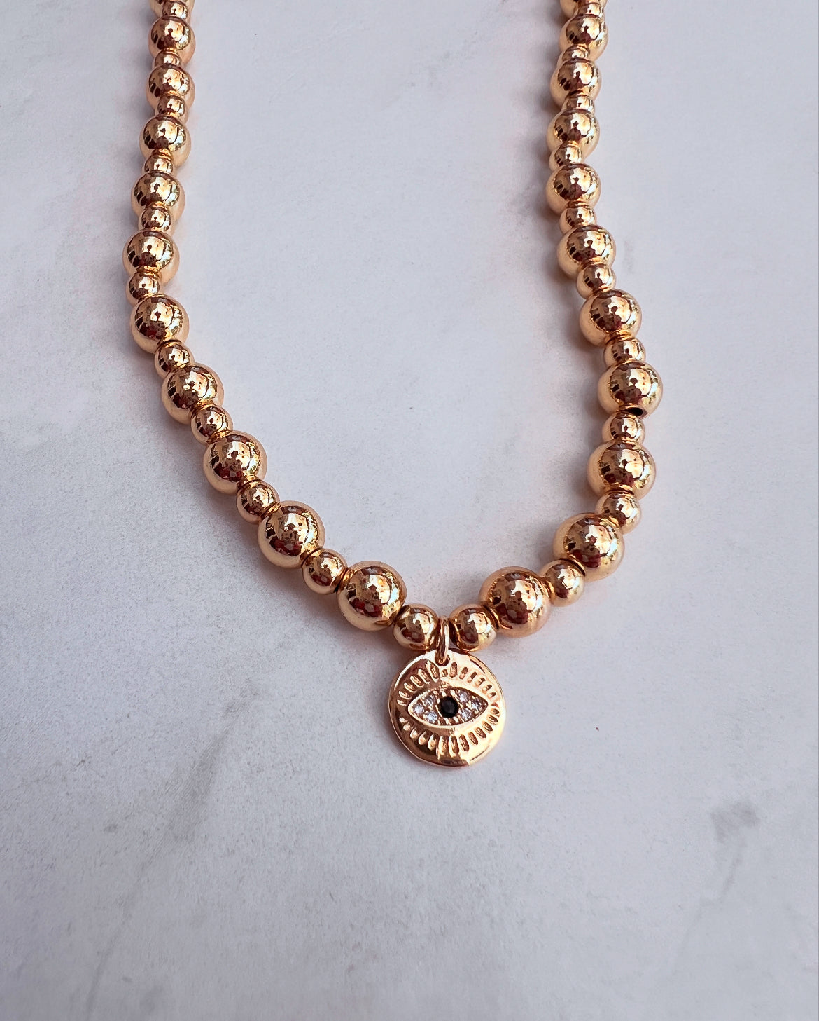 Gold Bead Necklace- Evil Eye