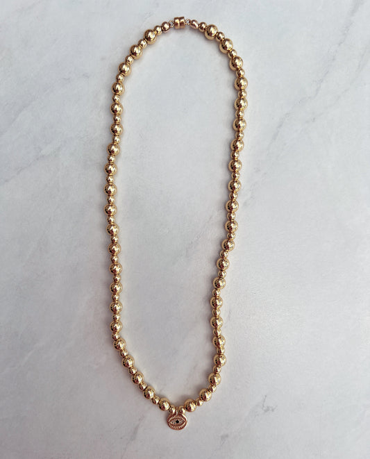 Gold Bead Necklace- Evil Eye