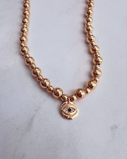 Gold Bead Necklace- Evil Eye