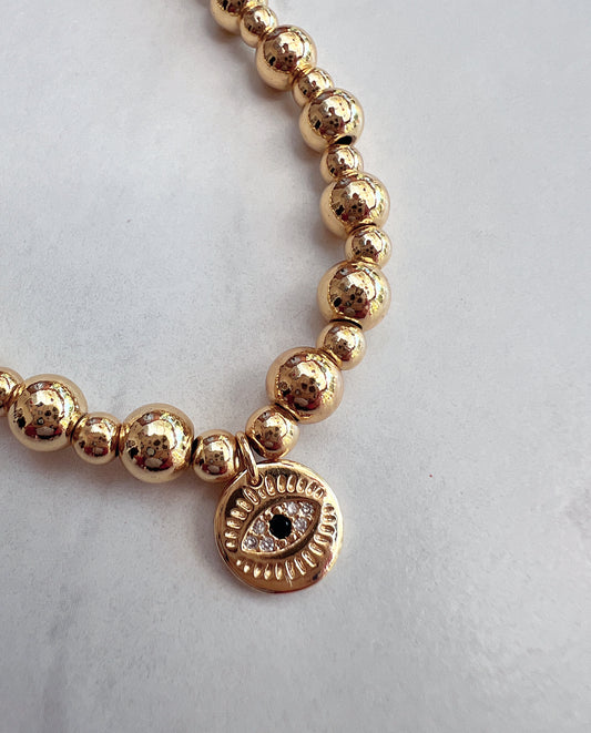 Gold Bead Necklace- Evil Eye