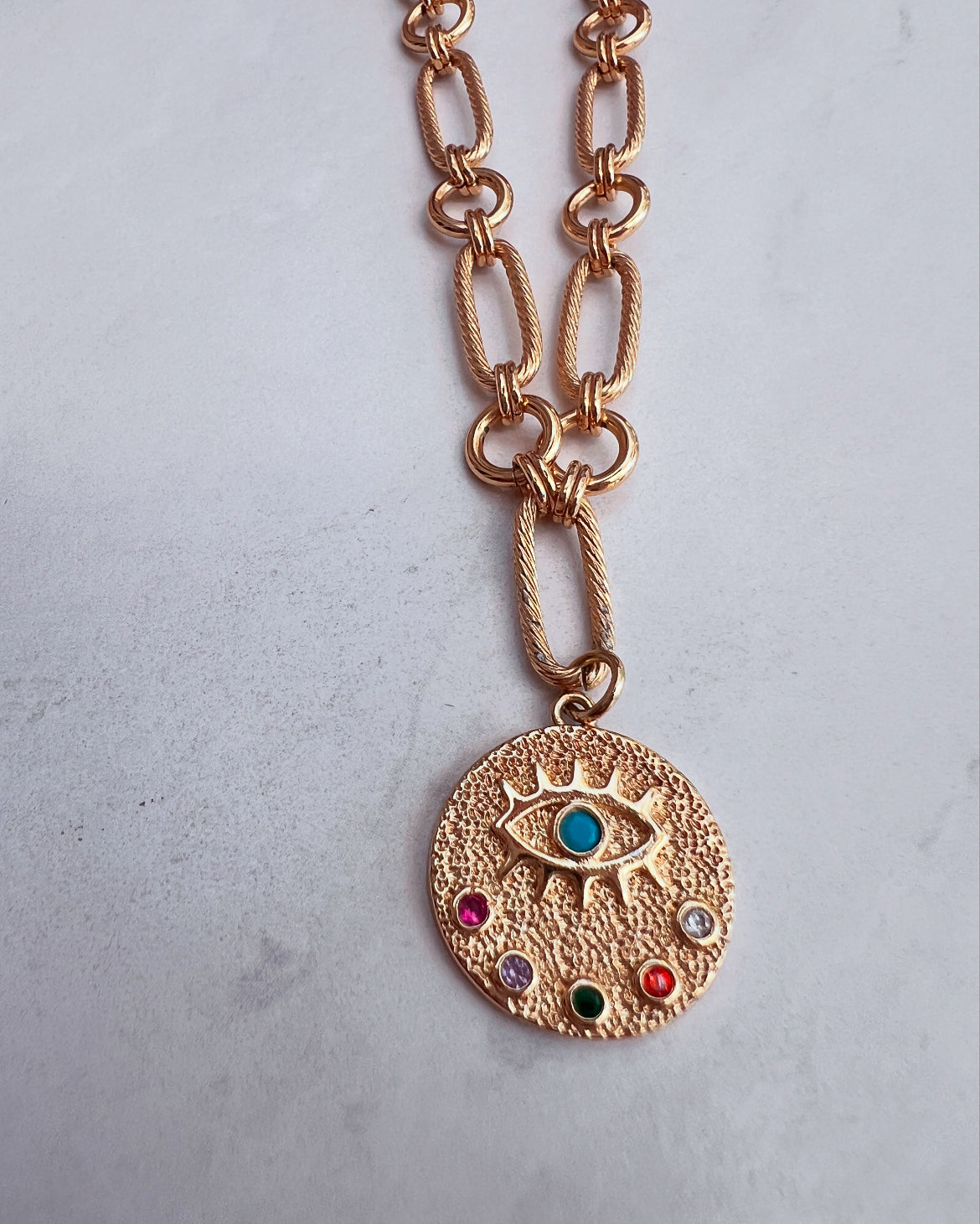 Paperclip Necklace with Evil Eye disc pendant