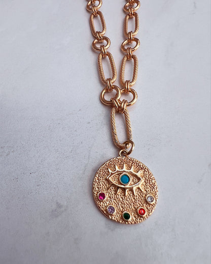 Paperclip Necklace with Evil Eye disc pendant
